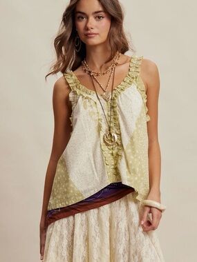 NWT! Listicle Ruffle Trim PatchworkTank in Cream & Light Olive